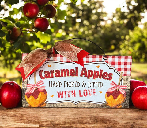 Caramel Apple sign 12x6 inches. Red or green apple options. Wood or metal.